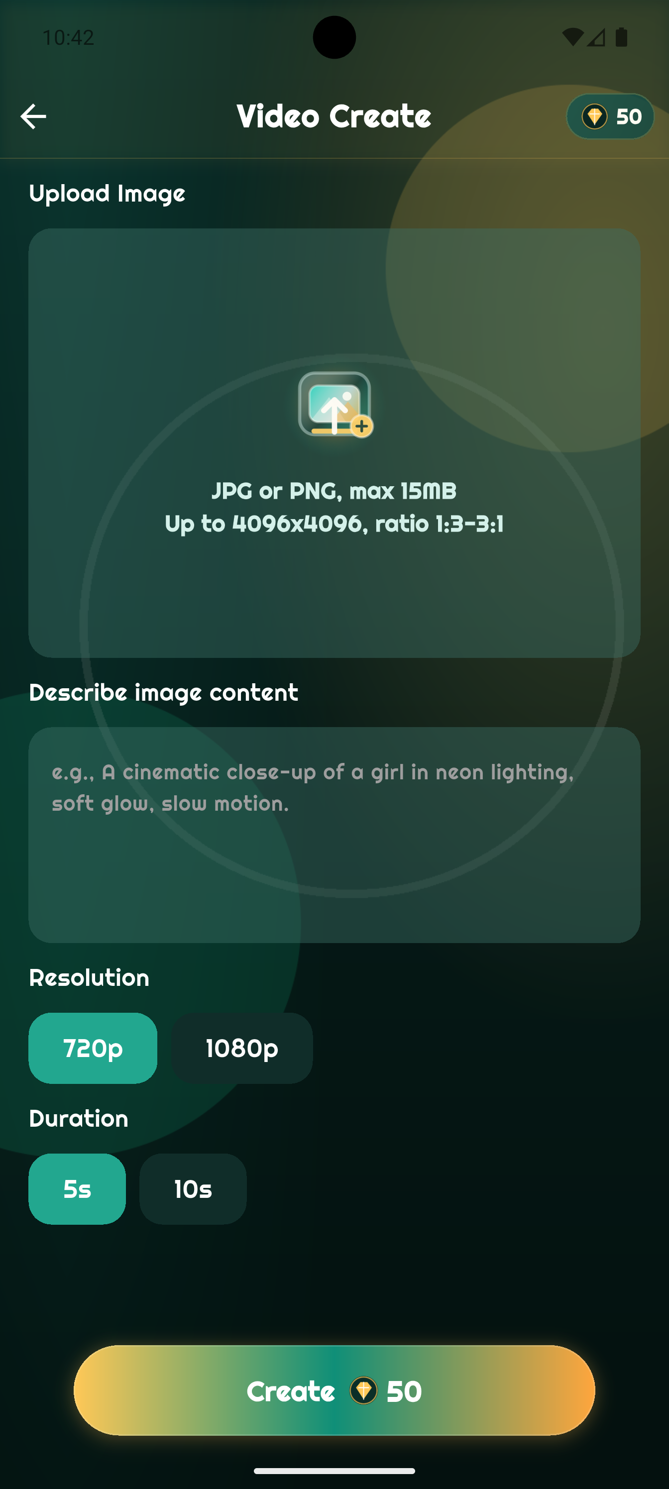 Virelio AI video creation screen with image upload, prompt, resolution, and duration controls